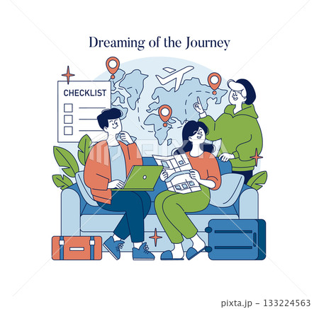 Group discussing travel plans with maps and laptops on a couch. Vector illustration features a checklist, luggage, and a world map, capturing excitement for upcoming adventures. Group discussing travel plans with maps and laptops on a couch. Vector illustration features a checklist, luggage, and a world map, capturing excitement for upcoming adventures. 133224563