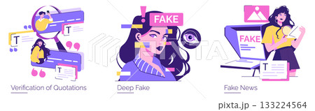 Vector illustration depicting deepfake issues in media. Highlights verification of quotations, fake news detection, and deepfake technology's impact on visual content and trust. 133224564
