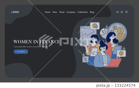 Vector illustration of women engaging with financial technology, highlighting teamwork in finance. Women are shown analyzing data and using digital devices to emphasize modern finance. 133224574