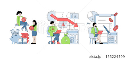 Vector illustration depicting financial challenges and savings strategies. Scenes show individuals interacting with money-saving tools, analyzing graphs, and managing expenses. Vector illustration depicting financial challenges and savings strategies. Scenes show individuals interacting with money-saving tools, analyzing graphs, and managing expenses. 133224599