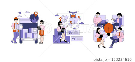 Vector illustration featuring a delivery person and team collaborating on logistics using a tablet and map. Shows parcel stacking, global shipping routes, and creative teamwork. 133224610
