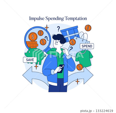A person faces the choice between spending and saving money, surrounded by symbols of shopping and frugality. This vector illustration captures financial decision-making challenges. A person faces the choice between spending and saving money, surrounded by symbols of shopping and frugality. This vector illustration captures financial decision-making challenges. 133224619