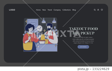 Vector illustration of a cheerful customer picking up a takeout bag from a friendly server at a restaurant counter. Both individuals are smiling, highlighting positive service interaction. Vector illustration of a cheerful customer picking up a takeout bag from a friendly server at a restaurant counter. Both individuals are smiling, highlighting positive service interaction. 133224629