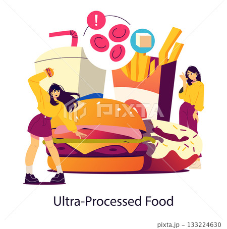 Vector illustration shows two people enjoying ultra-processed foods like burgers, fries, and donuts. The image highlights indulgence in fast food with vibrant elements and cheerful expressions. Vector illustration shows two people enjoying ultra-processed foods like burgers, fries, and donuts. The image highlights indulgence in fast food with vibrant elements and cheerful expressions. 133224630