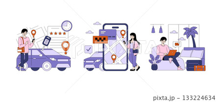 Vector illustration depicting individuals using a ride-sharing app. Scene includes a person with a smartphone waiting by a car and another using a laptop at home, showing technology in transportation. 133224634