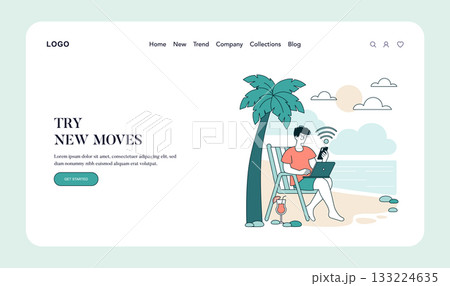 Vector illustration of a person working remotely on a beach. They are seated under a palm tree with a laptop and smartphone, illustrating a modern work-from-anywhere lifestyle. Vector illustration of a person working remotely on a beach. They are seated under a palm tree with a laptop and smartphone, illustrating a modern work-from-anywhere lifestyle. 133224635