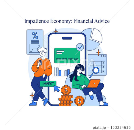 Vector illustration showing two people engaged in financial planning using a digital device. The scene includes money icons and investment graphics, highlighting financial strategy. 133224636