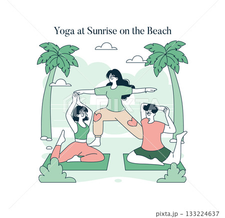 Vector illustration of three people practicing yoga at sunrise on a beach. Set against palm trees and ocean backdrop, they perform poses with focus and tranquility. 133224637