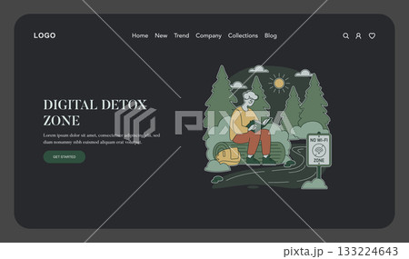 Vector illustration depicting a person enjoying a digital detox by reading outdoors in a forest. The scene features a bench, backpack, and a no Wi-Fi zone sign under a bright sun. 133224643