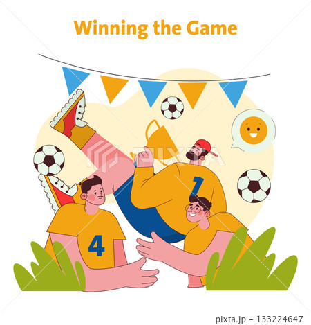 Vector illustration of three animated soccer players celebrating a victory. One player holds a trophy while others cheer, surrounded by soccer balls and decorative elements. Vector illustration of three animated soccer players celebrating a victory. One player holds a trophy while others cheer, surrounded by soccer balls and decorative elements. 133224647