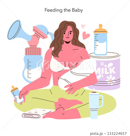 Mother breastfeeding her baby, surrounded by baby bottles, milk can, and a breast pump in a colorful vector illustration. The scene highlights nurturing and parenting essentials. 133224657