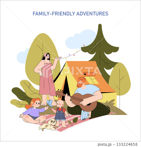 Vector illustration of a cheerful family enjoying a camping adventure. Parents engage with children and a dog near a tent, surrounded by nature, guitar playing, and string lights. 133224658