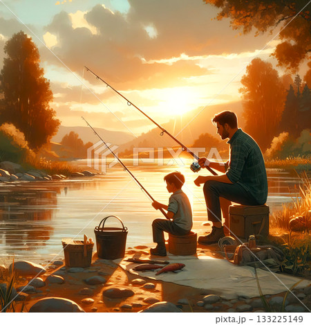 father and son fishing together sitting by the lake 133225149