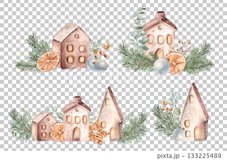 Christmas Watercolor Compositions set. Ceramic houses with Fir Branches, orange and eucalyptus. Cozy home decoration in Scandinavian style. Hand drawn illustrations isolated on a background. For Christmas Watercolor Compositions set. Ceramic houses with Fir Branches, orange and eucalyptus. Cozy home decoration in Scandinavian style. Hand drawn illustrations isolated on a background. For 133225489