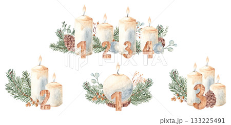 Advent Candles compositions set with fir branches, pine cones with wooden numbers. First, second, third and fourth Advent. Watercolor illustration isolated on white background. For Cards and Prints Advent Candles compositions set with fir branches, pine cones with wooden numbers. First, second, third and fourth Advent. Watercolor illustration isolated on white background. For Cards and Prints 133225491