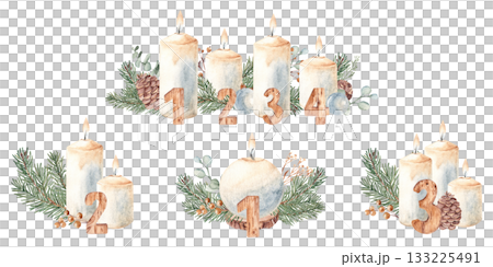 Advent Candles compositions set with fir branches, pine cones with wooden numbers. First, second, third and fourth Advent. Watercolor illustration isolated on white background. For Cards and Prints Advent Candles compositions set with fir branches, pine cones with wooden numbers. First, second, third and fourth Advent. Watercolor illustration isolated on white background. For Cards and Prints 133225491