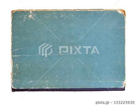 Old vintage book cover with distressed blue surface and worn edges. Concept of retro nostalgia, aged texture or vintage educational material, copy space Old vintage book cover with distressed blue surface and worn edges. Concept of retro nostalgia, aged texture or vintage educational material, copy space 133225630