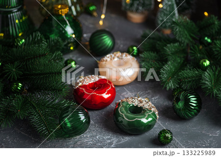 Festive Donut-Shaped Christmas Ornaments with Glitter and Pine Decor Festive Donut-Shaped Christmas Ornaments with Glitter and Pine Decor 133225989
