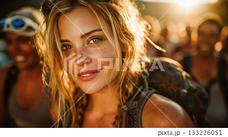 Adventurous woman smiling with backpack in outdoor group setting 133226051