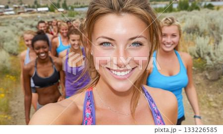 Group of women smiling while hiking on a sunny day in nature Group of women smiling while hiking on a sunny day in nature 133226585