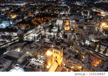 Aerial night View of Tallinn in winter with Alexander Nevsky Cathedral, roofs with snow, Christmas mood 133226687