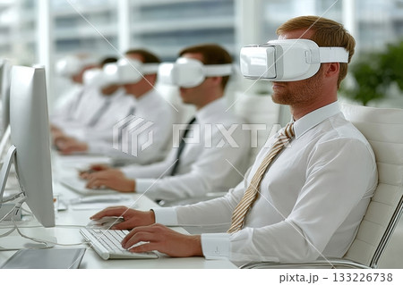 Business professionals using virtual reality headsets in modern office 133226738
