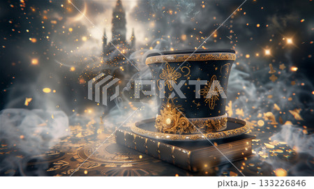 Victorian magician hat sparkling by castle, snowkissed top hat resting on ornate table, golden filigree trim 133226846