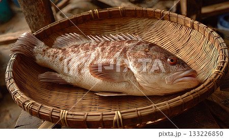 かごの中に置かれた新鮮なクエ 133226850