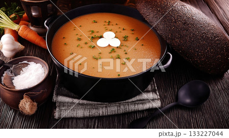 Butternut Squash and Apple Soup Served in a Rustic Bowl With Fresh Herbs and Seasonings 133227044