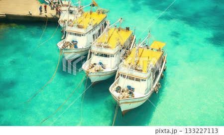 Boats Anchored in Clear Waters off Pulau Indonesia During a Sunny Day 133227113