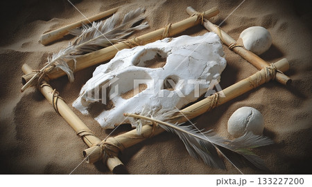 Arranged Animal Bones and Primitive Hunting Tools in a Desert Setting 133227200