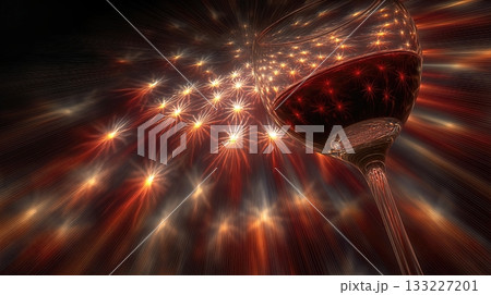 Fireworks Reflecting in a Glass of Champagne During New Year Celebration at Midnight 133227201