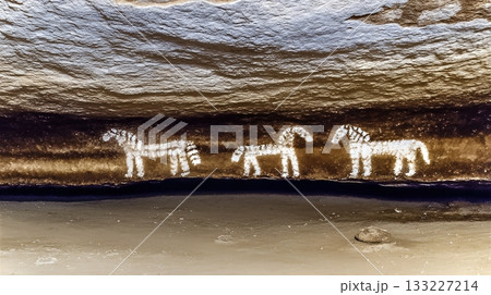 Animal Figures Created With Burnt Sticks and Minerals on Cave Walls in an Ancient Art Style 133227214