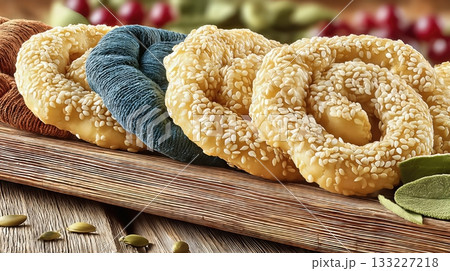 Traditional Makrout Arranged on a Wooden Board With Colorful Toppings and Sesame Seeds Traditional Makrout Arranged on a Wooden Board With Colorful Toppings and Sesame Seeds 133227218