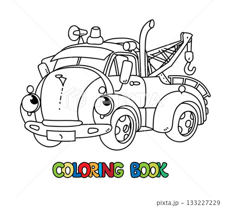 Funny retro tow truck with eyes. Coloring book 133227229