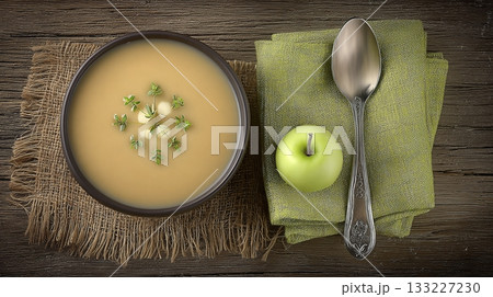 Butternut Squash and Apple Soup Served in a Rustic Bowl With Green Apple and Spoon Nearby 133227230