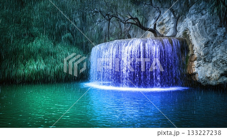 Waterfall Cascading Into a Hidden Lagoon Surrounded by Lush Greenery and Tranquil Waters Waterfall Cascading Into a Hidden Lagoon Surrounded by Lush Greenery and Tranquil Waters 133227238