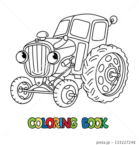 Funny small retro tractor with eyes. Coloring book 133227248