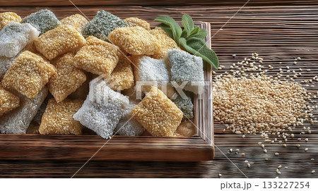 Traditional Makrout Arranged on Wooden Board With Sesame Seeds on the Side for a Delightful Treat 133227254