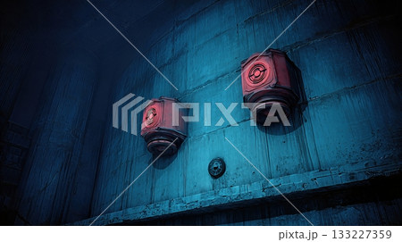 Desolate Industrial Complex Featuring Strange Glowing Objects Against Darkened Surroundings 133227359