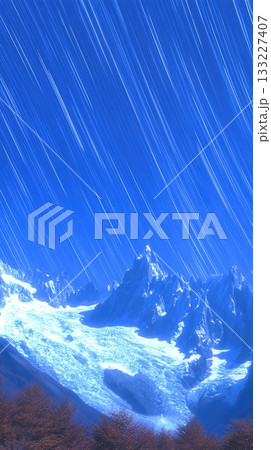 Stars Trail Across the Night Sky Over Stunning Mountain Range in Time Lapse Capture 133227407