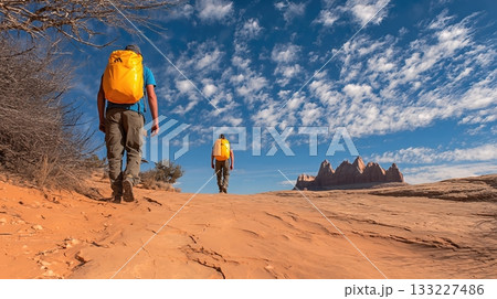 Hikers on a Sandy Trail in Bright Sunlight, With Colorful Backpacks and a Scenic Backdrop 133227486