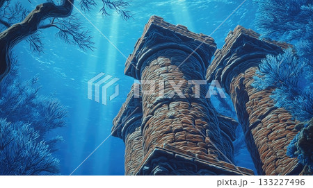 Exploring Ancient Underwater Ruins Covered in Vibrant Coral and Mysterious Fading Light Exploring Ancient Underwater Ruins Covered in Vibrant Coral and Mysterious Fading Light 133227496
