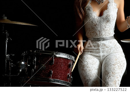 Female drummer performing on stage with vibrant red drum set Female drummer performing on stage with vibrant red drum set 133227522