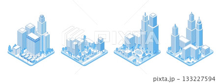 Isometric line city district. Residential and industrial urban districts with houses, apartment buildings, warehouse, skyscrapers. Modern town nifty vector design Isometric line city district. Residential and industrial urban districts with houses, apartment buildings, warehouse, skyscrapers. Modern town nifty vector design 133227594