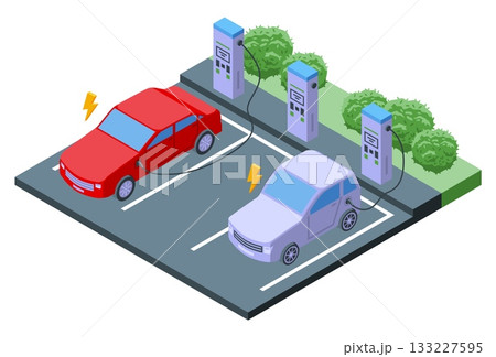 Isometric electric vehicle charging. Car stop with eco station with charge. Personal autos stand on charged. Modern urban e-transport, nifty vector 3d scene 133227595