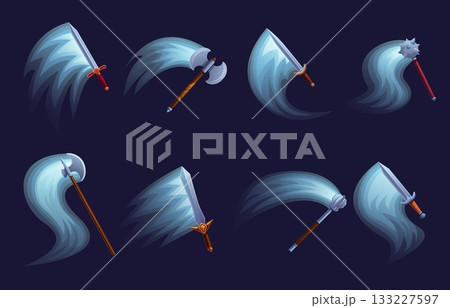Cartoon weapon attack light effect. Hit shining effects from hammer axe sword. Iron warrior weapons, viking hits. War medieval game design sapid vector set Cartoon weapon attack light effect. Hit shining effects from hammer axe sword. Iron warrior weapons, viking hits. War medieval game design sapid vector set 133227597