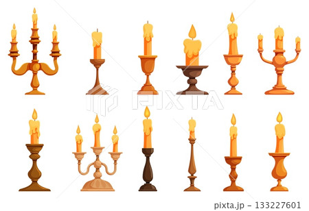 Vintage candlestick. Stylish candlesticks burning candles, retro style elements. Medieval style lighting. House or cafe decorations, cartoon sapid vector clipart Vintage candlestick. Stylish candlesticks burning candles, retro style elements. Medieval style lighting. House or cafe decorations, cartoon sapid vector clipart 133227601