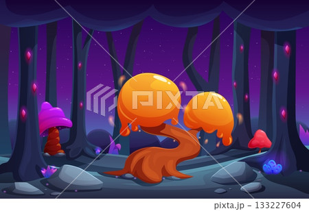 Fairy tale forest. Magical landscape with neon tree and bush, vibrant lights. Witch wizard magic, underworld, mystic fantastic background, sapid vector scene 133227604