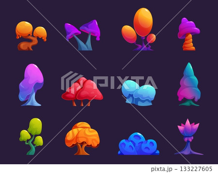 Magical forest tree. Fantasy style trees and bush, neon colors plant for magic garden. Fairy tale cartoon nature elements, toxic planting, sapid vector clipart 133227605
